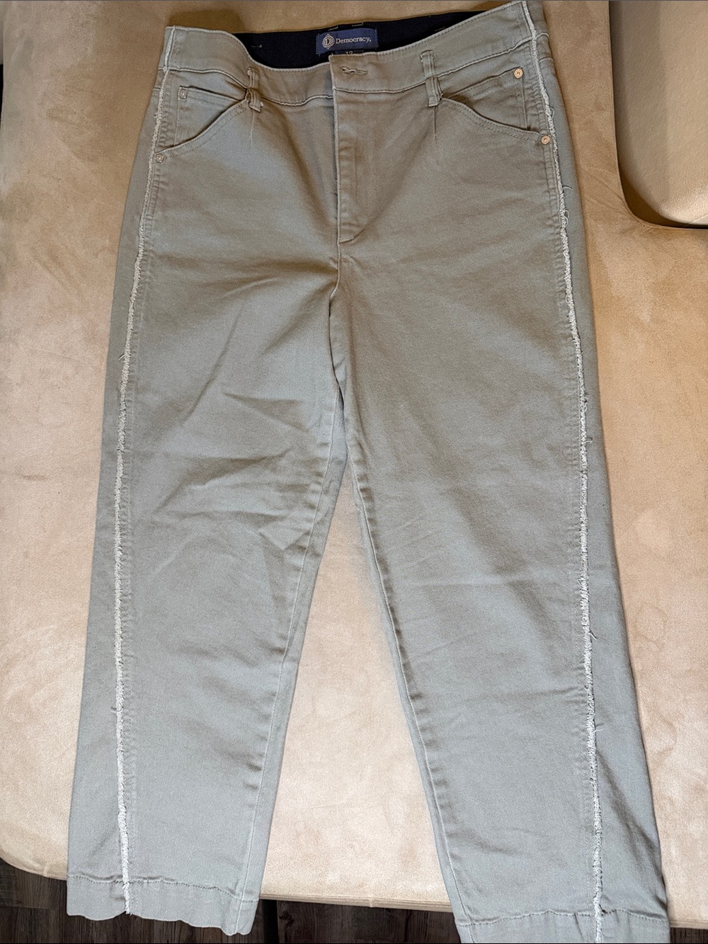 Democracy Olive Green Straight Leg Jeans with Frayed Side Trim